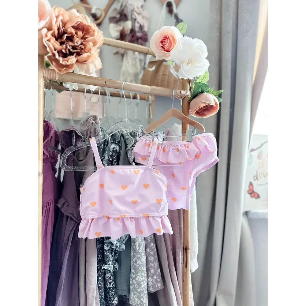 New Darling Heart Print Blush Pink Frill Trim 2pc Cami Swimsuit 4T